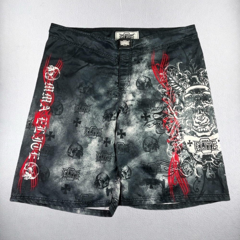 MMA Elite Board Shorts Mens XL Black Gray Skulls Graphic Cross Swim Trunks